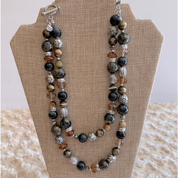 Dark Academia Earthy Three Strand Chain Faux Stone 2 Way Necklace - Picture 2 of 5